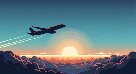 Airplane flying over clouds at sunset, a beautiful illustration of air travel and adventure