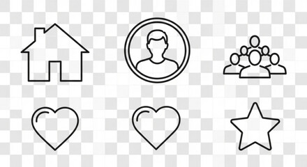 Set of simple icons including house, heart, user, group, and star on transparent background
