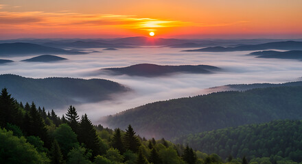 Obraz premium Serene Sunrise Over Mountainous Landscape with Lush Green Forests, Mist and Golden Light - Beautiful Nature Scenery