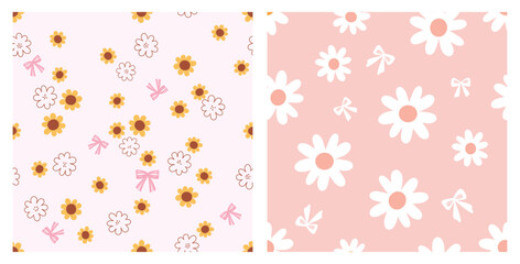 Seamless pattern of sunflower, daisies and ribbon bows on pink backgrounds vector. Cute childish print.
