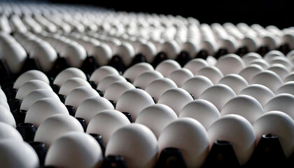 Obraz premium Rows of White Eggs in Black Trays in a Dimly Lit Environment with Focus on Details