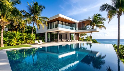 Modern beachfront home with infinity pool, reflecting the sky and ocean