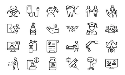 24 Medical and Healthcare Line Icons Hospital, Doctor, Patient Care, Emergency, Surgery, Pharmacy, Vaccination, Telemedicine, First Aid, and Medical Equipment Vector Icon Bundle