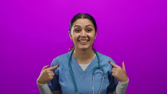 Hispanic nurse in blue scrubs with a stethoscope looks surprised, pointing at herself against an isolated pink wall background.