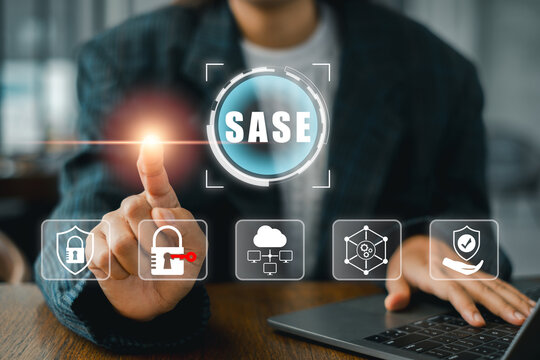 Businesswoman interacting with SASE digital interface, showcasing secure network technology and cloud security solutions.