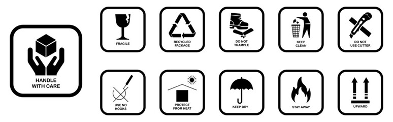 Set of fragile package icons in black color isolated on white background. Vector illustration. Printable fragile handle with care.  Fragile, handle with care, upward, keep clean, keep dry, fire