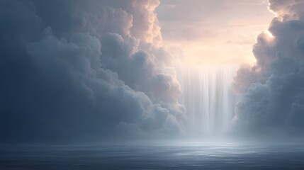 An infinite ocean horizon where rainbow light diffuses softly into clouds