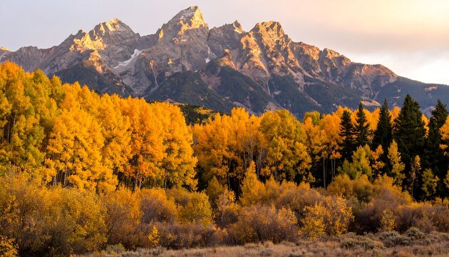 Golden aspen trees in vibrant autumn foliage contrast against a majestic, snow-dusted mountain range under a soft, sunrise sky