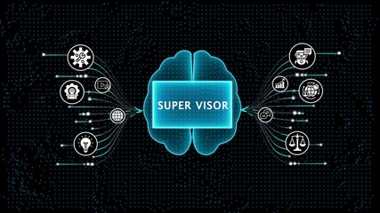 A I powered brain network with glowing icons representing business strategy innovation technology and data analysis for future concepts and digital transformation - Powered by Adobe