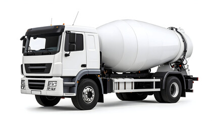 White Concrete Mixer Truck Isolated on White Background Depicting Construction and Transportation
