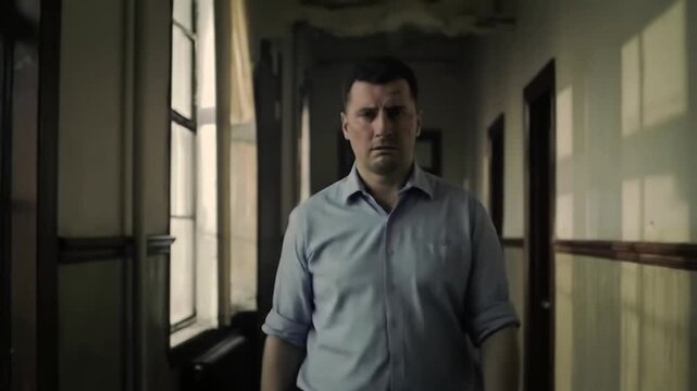 Cinematic shot of a peon walking down an old office hallway, with dramatic side lighting through windows creating depth and atmosphere