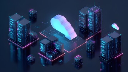 Isometric Vector Illustration of Cloud Computing, Data Storage, and Servers with Neon Blue Gradient