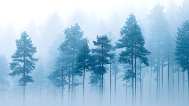 A surreal infinite pine forest under pale blue mist