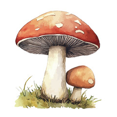 Watercolor Illustration of Two Fungi with ReddishOrange Caps and White Spots