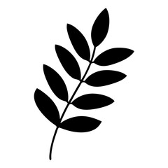 Isolated black silhouette of a plant branch with leaves on white background