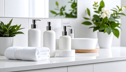 Fototapeta premium White Bathroom Interior with Clean Surface and Elegant Hygiene Products