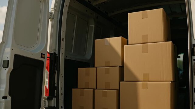 Logistics cost increase with stacked cardboard box delivery van showing shipping, transport, efficient storage and handling