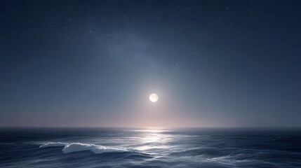 Fototapeta premium A silent ocean surface under full moon glow