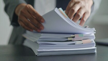 Close-up of hands reviewing a large stack of important documents; serious, focused mood; business, finance, paperwork concept.
