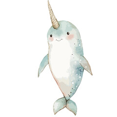 Watercolor Narwhal with a Spiraled Tusk and Rosy Cheeks Standing Upright