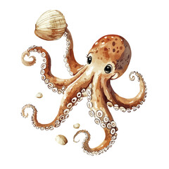 Watercolor Octopus Holding a Shell with Tentacles and Small Shells Floating Around