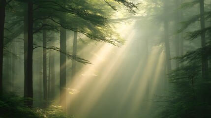 Obraz premium A sacred foggy woodland glowing with soft green and golden aura