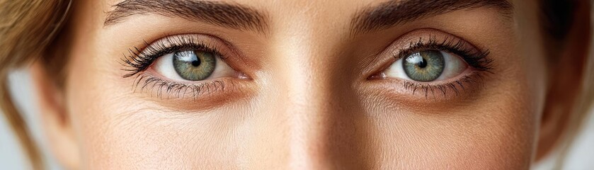 Fototapeta premium Puffy cream for circles and skin concept. Close-up of a woman's captivating green eyes full of emotion.