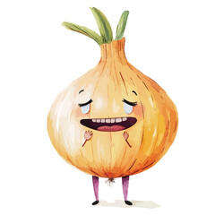 Watercolor Onion Character Weeping Joyfully with Tiny Legs