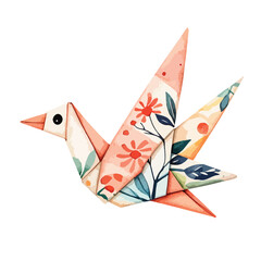 Watercolor Origami Bird with Floral Pattern Peach and Teal Hues