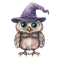 Watercolor Owl Wearing a Purple Witch Hat with Large Blue Eyes