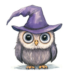 Watercolor Owl with Purple Wizard Hat and Large Eyes Staring Forward