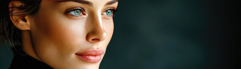 Naklejka premium Puffy swelling on skin and model concept. Close-up of a thoughtful woman against a dark background.