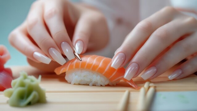 Woman's hands delicately preparing sushi - Powered by Adobe