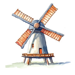 Watercolor Painting of a Charming Rustic Windmill