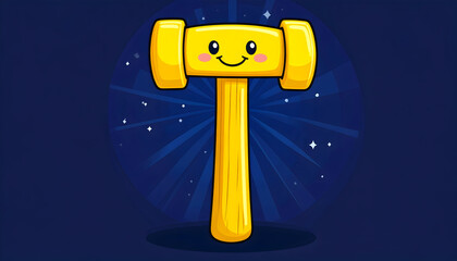 Smiling Yellow Hammer Tool with Wooden Handle on a Dark Blue Background