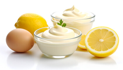 Creamy Mayonnaise in Glass Bowls with Lemons and Egg on White Background in Studio Lighting