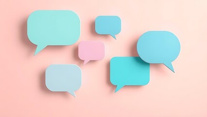 Abstract composition of floating speech bubbles against a soft pastel gradient background.