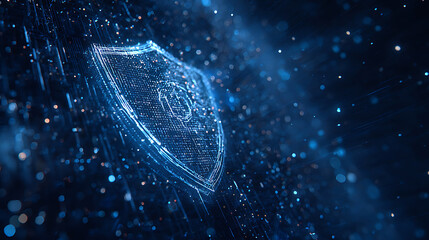 Abstract digital blue shield with cyber security elements representing tech protection concept art.