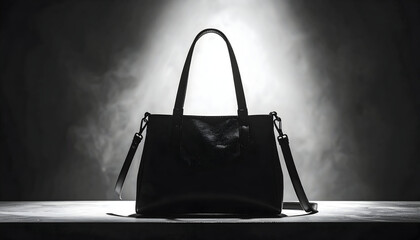 Elegant Black Handbag Silhouette Under Spotlight with Dramatic Lighting in Studio Setting