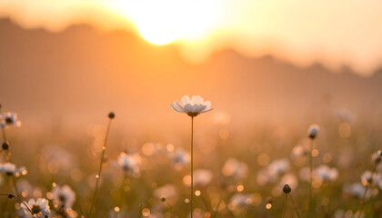 Single Daisy in Focus with Golden Sunlight in a Misty Meadow during Sunrise or Sunset