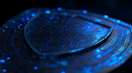 Abstract digital blue shield with cyber security elements representing tech protection concept art.