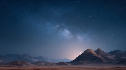 Mountain view with a starry night sky and orange clouds during sunset