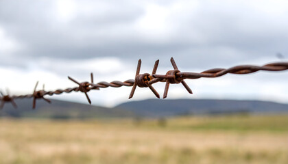 Close Up Of A Rusty Barbed Wire Fence With A Blurred Background Of Fields And Mountains Under A Cloudy Sky