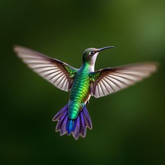 Fototapeta premium Hummingbird in flight with iridescent plumage and blurred green background