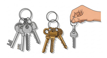 Find lost keys unlock door house car keychains keyrings set of keys security access home safety illustration