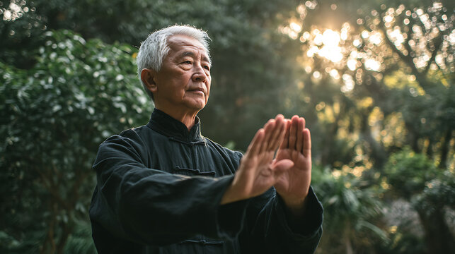 Elderly people practicing Tai Chi in a park bathed in morning sunlight, depicting a healthy active lifestyle scene.