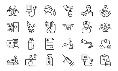 24 Medical and Healthcare Line Icons Hospital, Doctor, Patient Care, Emergency, Surgery, Pharmacy, Vaccination, Telemedicine, First Aid, and Medical Equipment Vector Icon Bundle