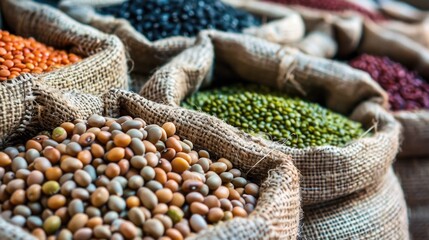 Naklejka premium Bags of beans, Beans in a sack, Assorted legumes in burlap sacks in a row, blurred background.