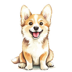 Watercolor Portrait of a Happy Corgi Puppy with Open Mouth and Smiling
