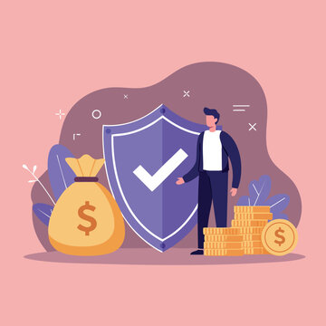 Financial Security Concept with Money Bag Coins and Shield Protection Illustration 